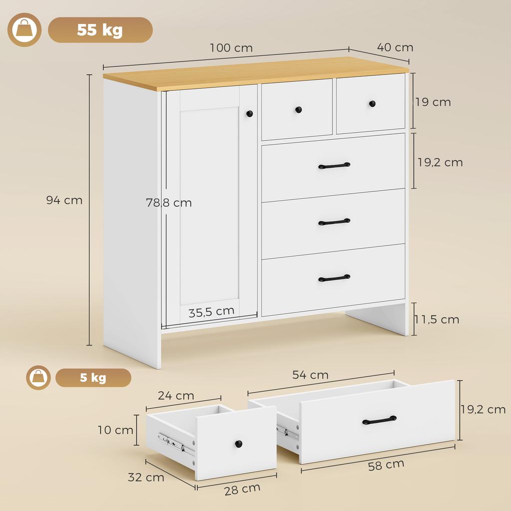 Kitchen Buffet, Storage Unit, 5 Drawers, Door, 100 x 40 x 94 cm, White
