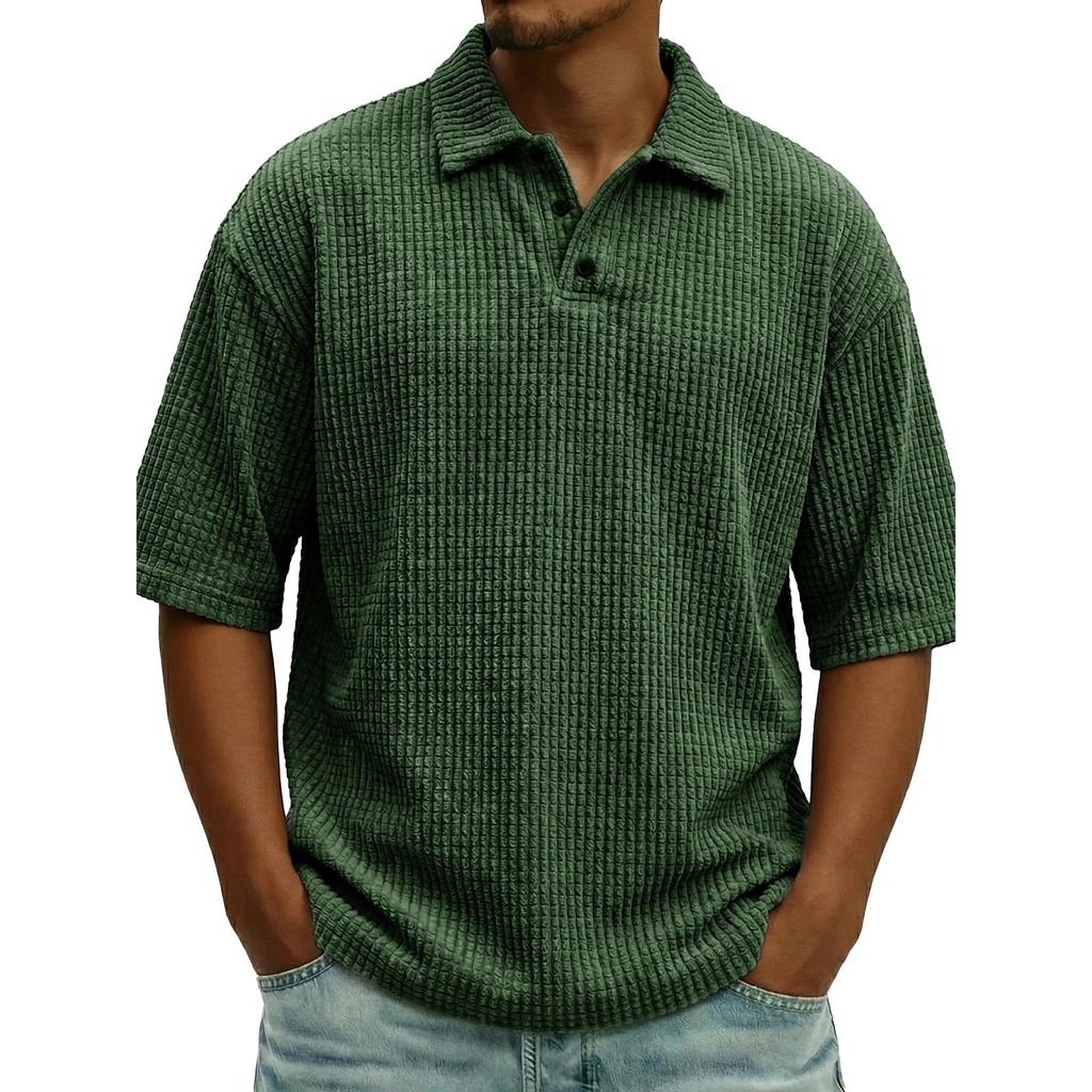 Mens Knit Short Sleeve Polo Shirt Casual Loose Fit Knitwear Top with Button Placket Collar