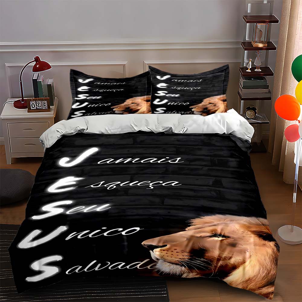 

Lion-themed text Bedding Duvet cover sets Duvet covers Pillowcases gifts (1 * Duvet Cover 2 * Pillowcases, without duvet insert) 135x200cm