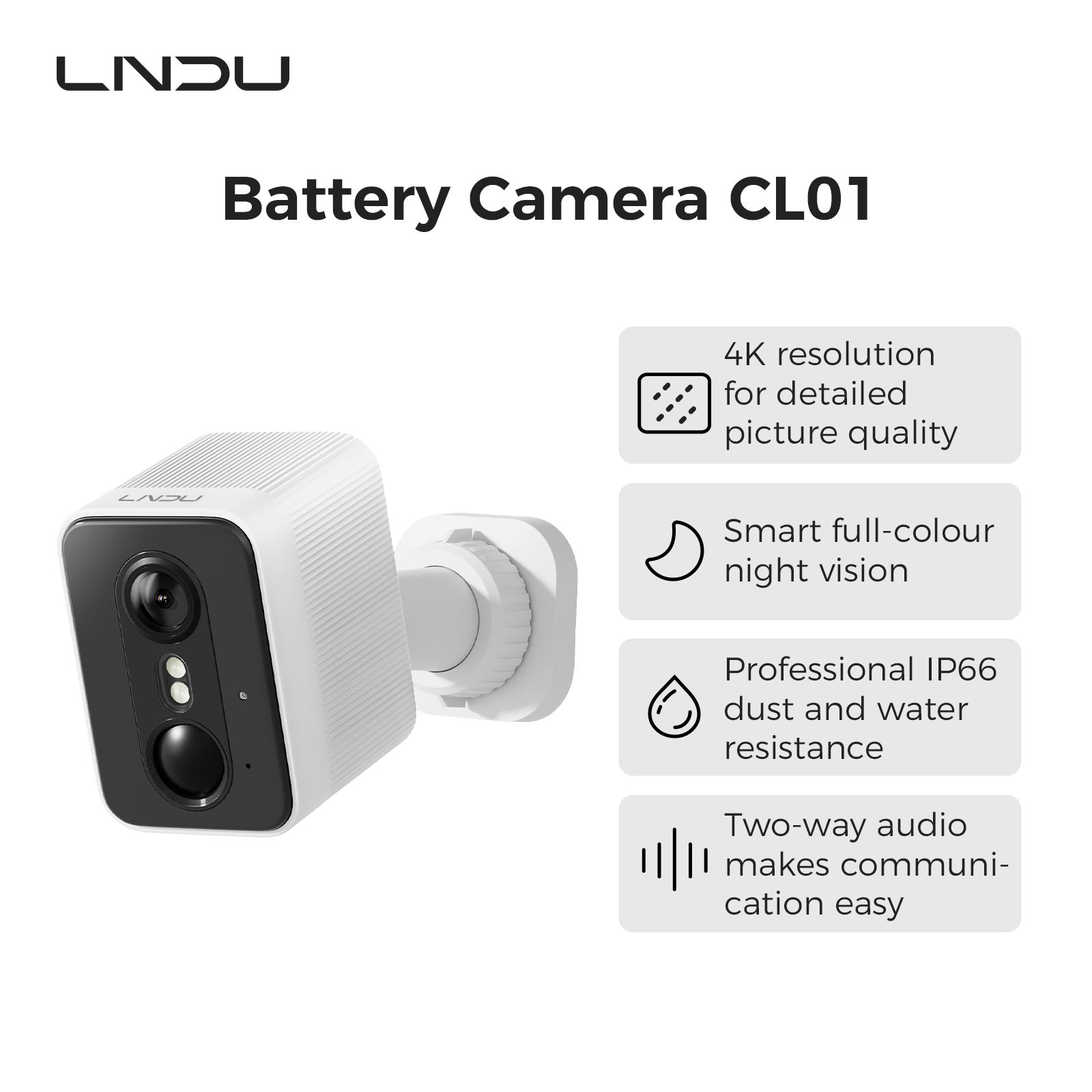 

LNDU 4K 8MP Wireless Outdoor Security Camera, Battery Powered 2.4g WiFi Camera with IP66 Waterproof, Full Color Night Vision, Motion Detection