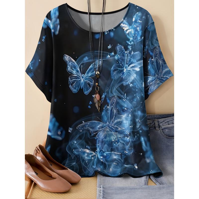 

Plus size loose gothic butterfly print round neck short-sleeved T-shirt, casual and comfortable top for women S