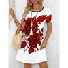 Ladies' Summer Short Sleeve Round Neck Casual Dress 3D Red Rose Pattern Print Comfortable Elegant Women's Clothing