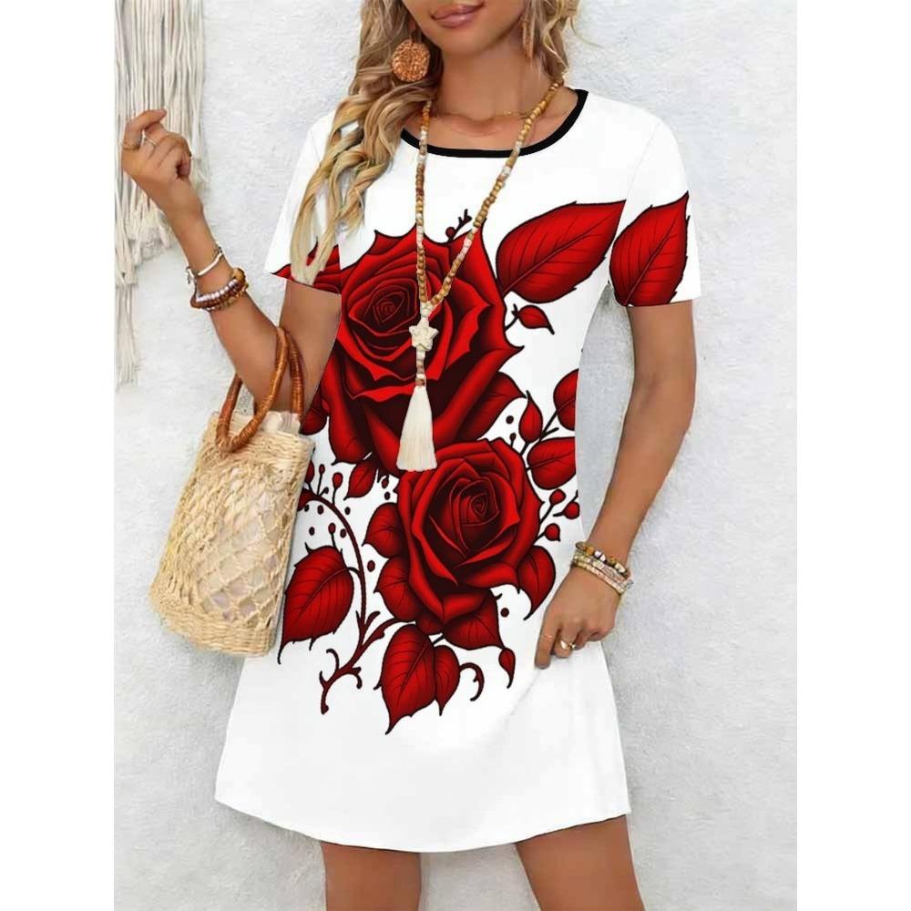 Ladies' Summer Short Sleeve Round Neck Casual Dress 3D Red Rose Pattern Print Comfortable Elegant Women's Clothing