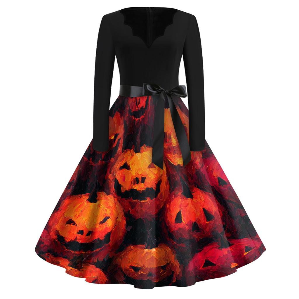 Women's Vintage V Neck Dress Long Sleeve Casual Halloween Print Retro Style Fit and Flare Midi Dress with Waist Tie and Floral Skeleton Cat Pattern