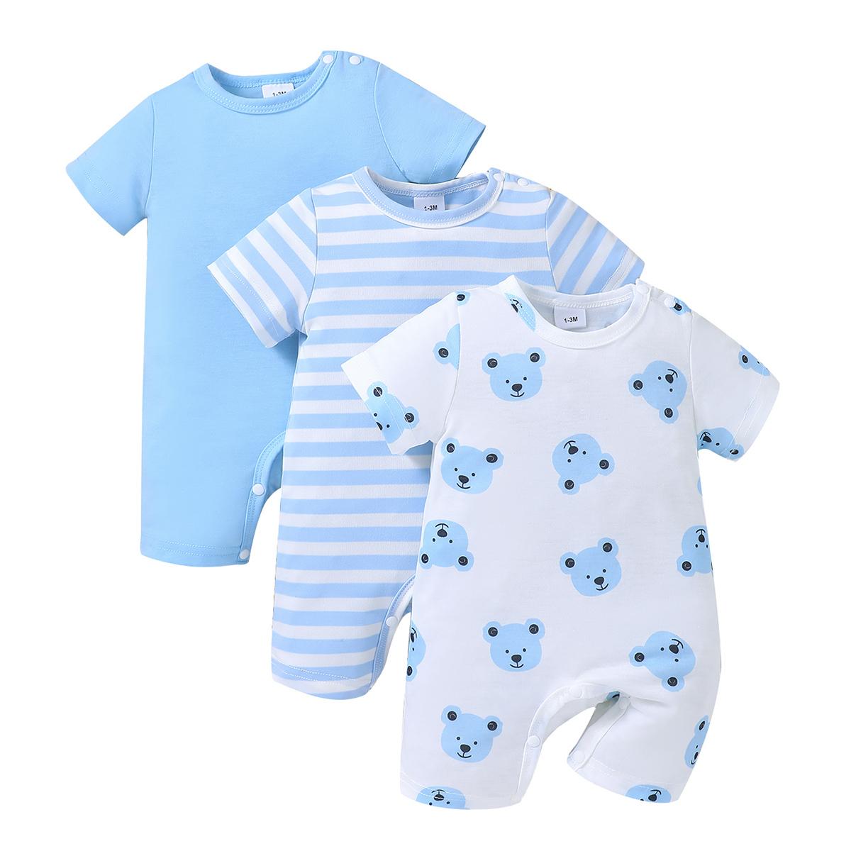 3PCS Baby Boy Short Sleeve Rompers Blue Cute Bear Striped Print Infant Bodysuits for 0-18M Toddler Newborn Summer Jumpsuits 1-3M