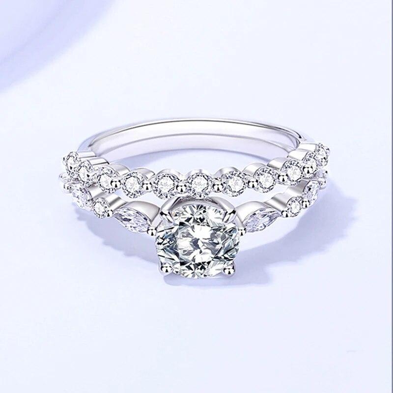 1ct Round Cut Moissanite Engagement Ring for Women 2pcs Sets Lab Created Diamond Band 925 Sterling Silver Plated 18k Gold