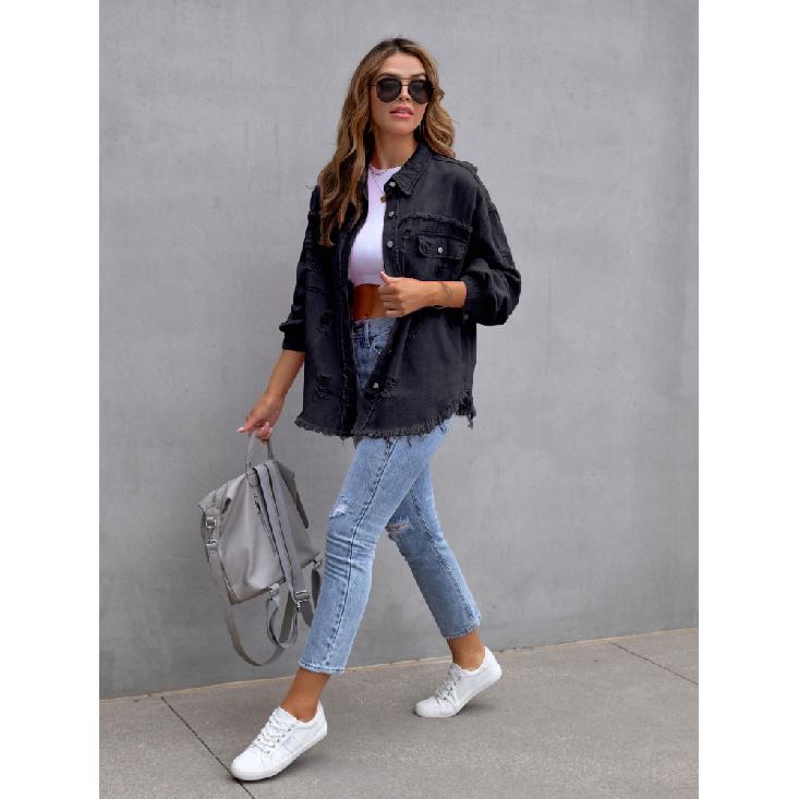 Podzim Zima Dámská Nová Džínová Bunda Módní Broušený Okraj Děravá Dutá Dlouhý Rukáv Jednořadé Zapínání Ležérní Límec Top