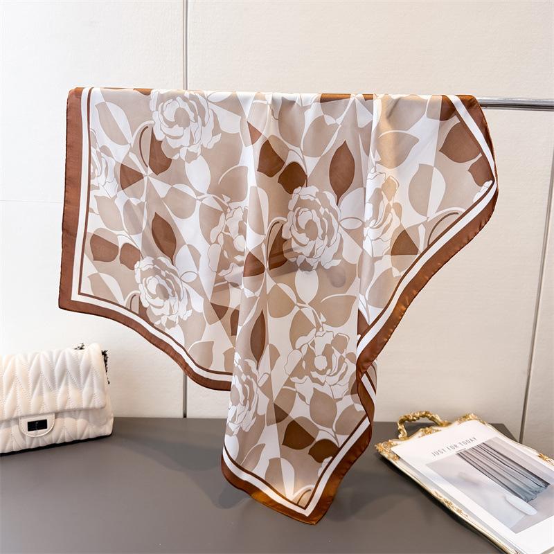 Rose Printing Imitation Silk Scarf Square Scarf High-End Shawl Versatile Neck Small Square Scarf Headscarf Female