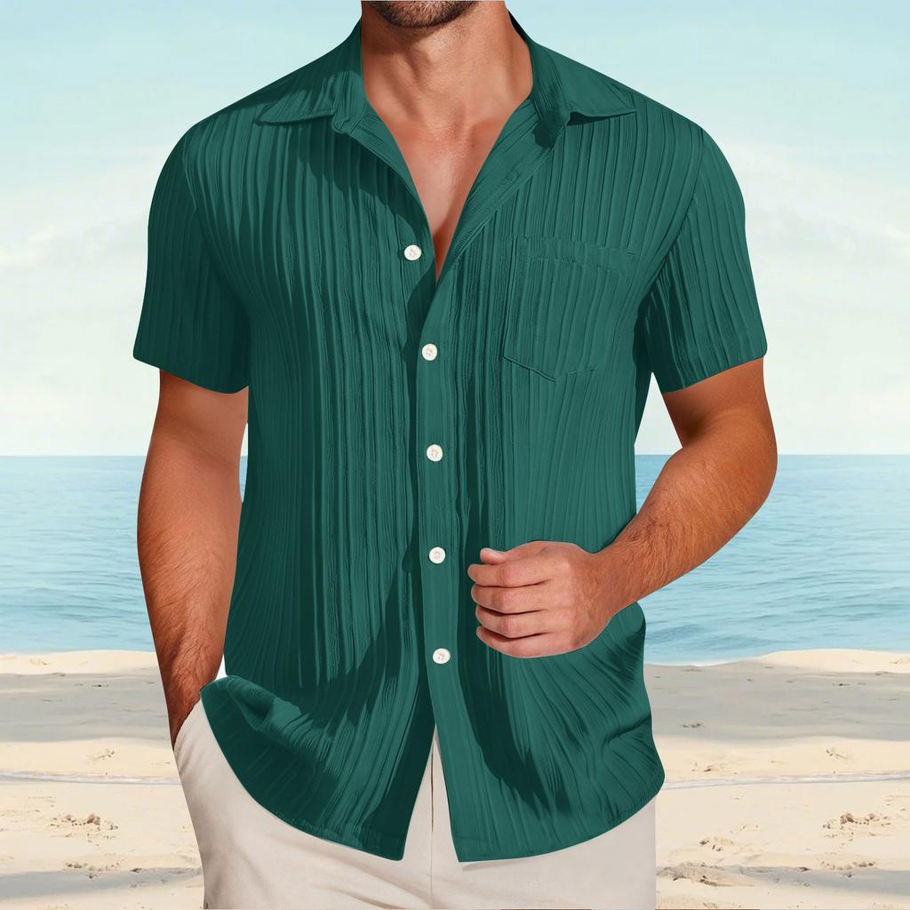 Men's Textured Casual Short-sleeved Shirt, Solid-color Loose Top With Pocket