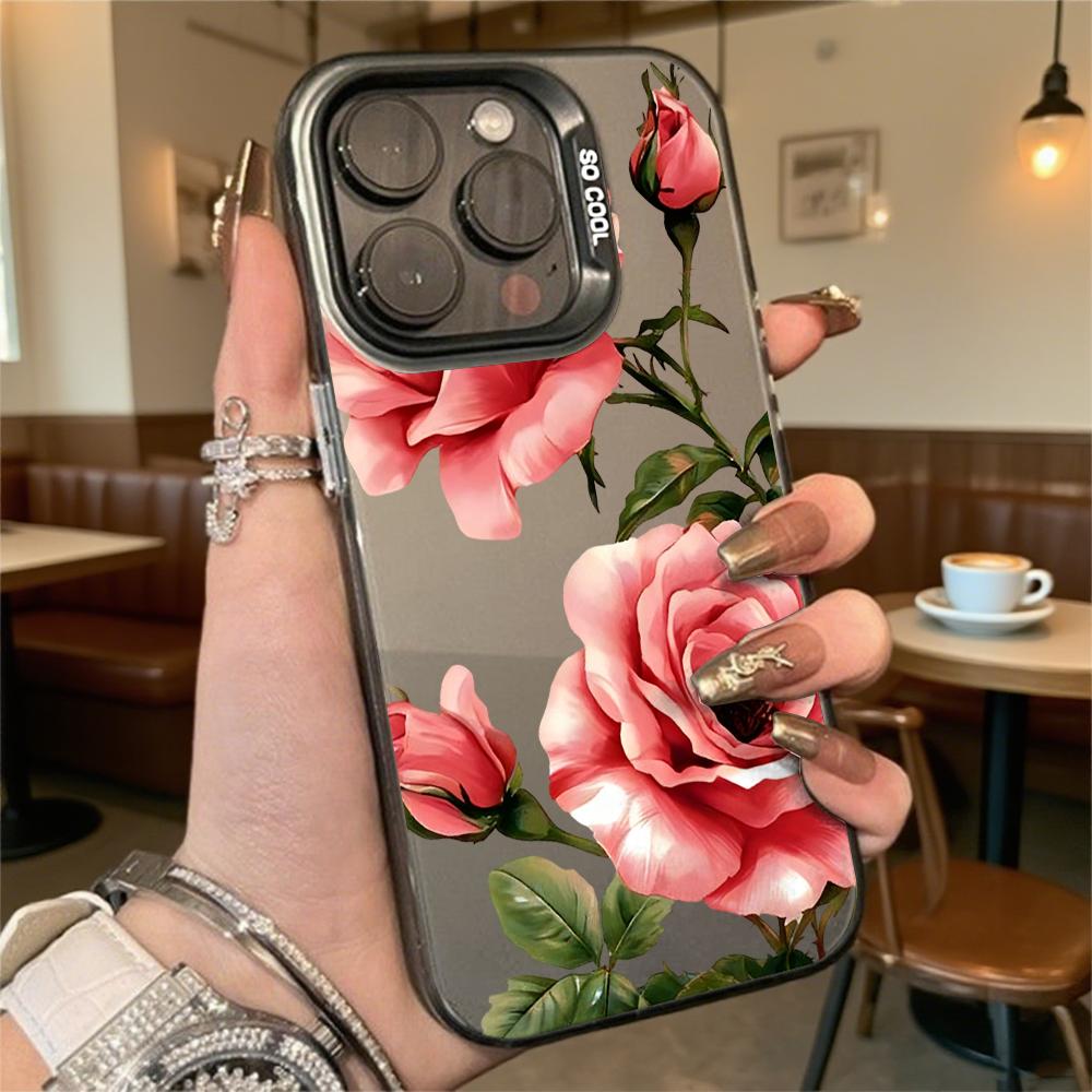 Pink Roses with Green Foliage Shockproof Phone Case for Iphone 16 15 14 13 12 11 Pro Max/Mini Anti-Scratch Premium Hard Cover