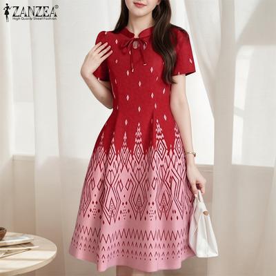 Womens Stand Collar Summer Casual Short Sleeve Print Dress