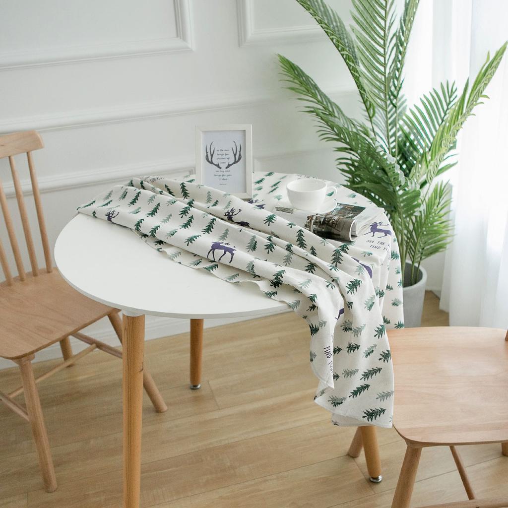 Cotton And Linen Round Tablecloth Elk And Green Christmas Tree Printed Dining Table Cloth For Home Garden Tea