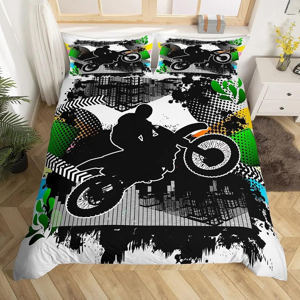 Cool Motorcycle Rider Duvet Cover Set,Extreme Sport Autocycle Comforter Cover With Pillowcase Graffiti Microfiber Quilt Cover