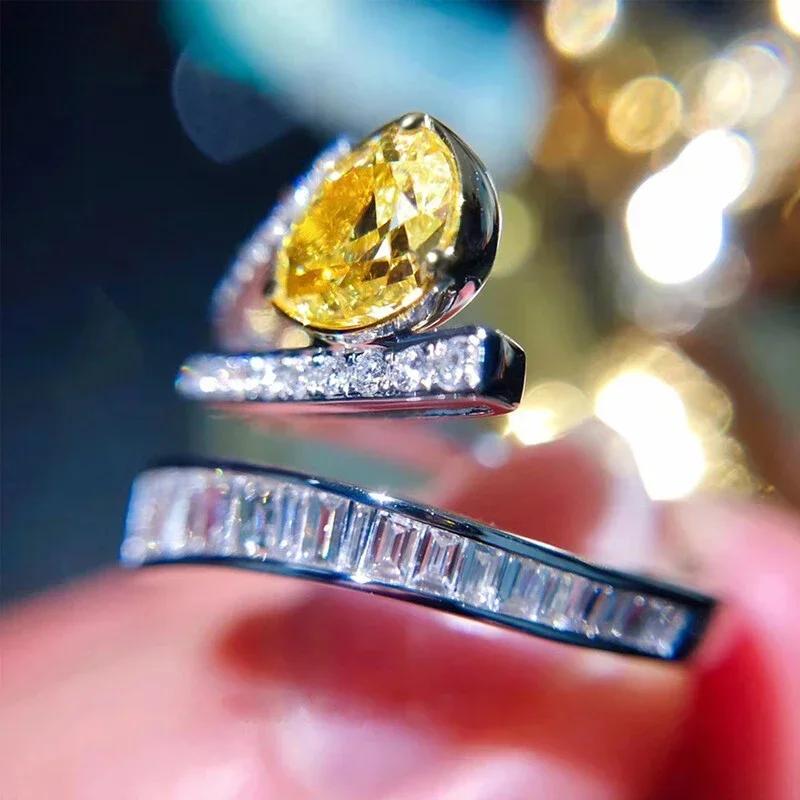 Personality Pear Yellow Cubic Zirconia Luxury Rings for Women Wedding Party Gorgeous Female Accessories Gift New Jewelry