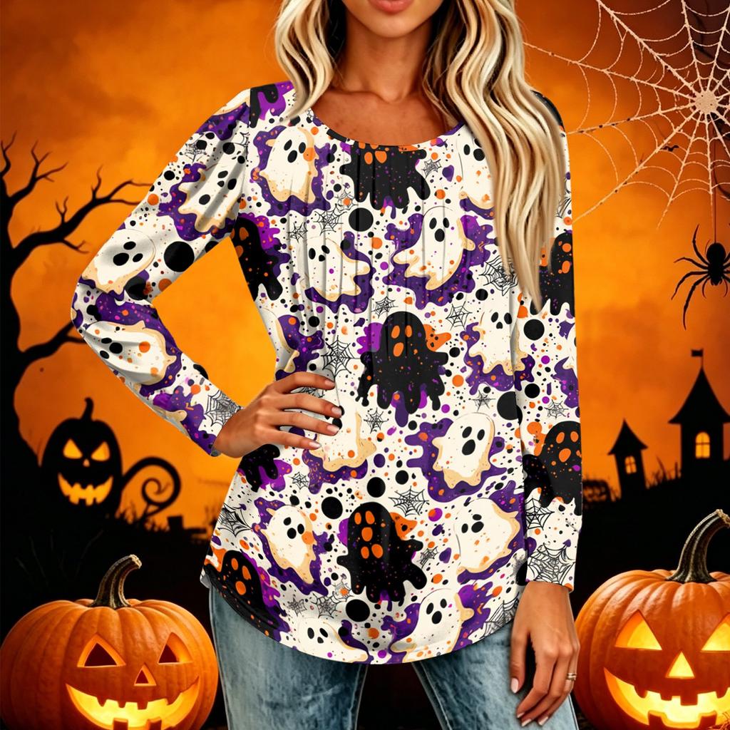 Women's Casual Long Sleeve T-Shirt Pleated Round Neck Halloween Pumpkin Print Top Lightweight Comfortable Fit