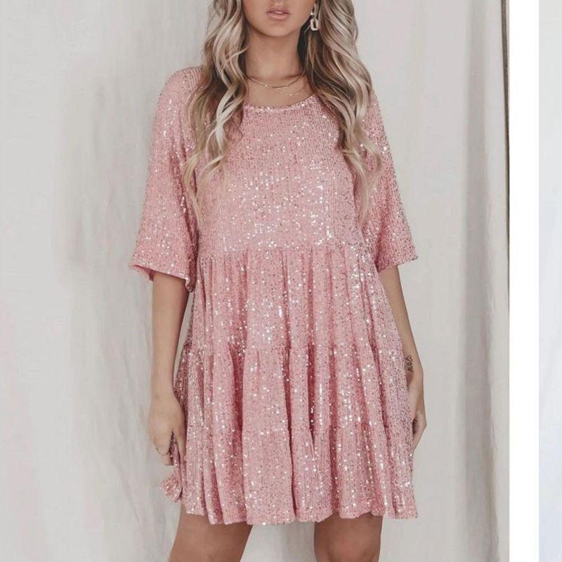 Solid Color Fashion round Neck Loose Waist Short Sleeve Cake Sequin