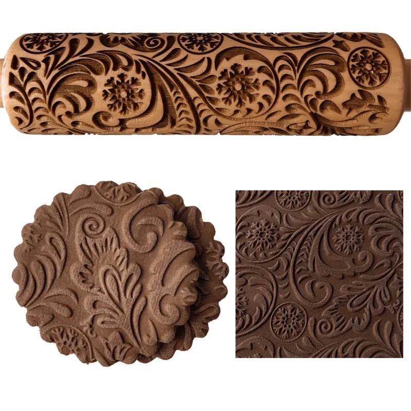 3D Pattern Flower Snowflake Rattan Wooden DIY Baking Tools Laser Engraved Christmas Embossed Rolling Pins Cookie Mold 2025