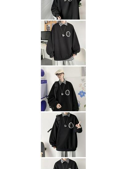 Herren Trendiger Smiley-Gesicht Hoodie - Hongkong & Koreanischer Stil, Lockere Passform, Herbst-Streetwear, Rundhalsausschnitt, Bedrucktes Oberteil