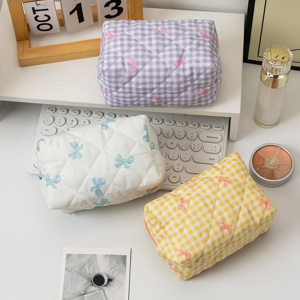 Korean Style Cotton Polyester Checkered Bow Makeup Bag With Zipper For Daily Use