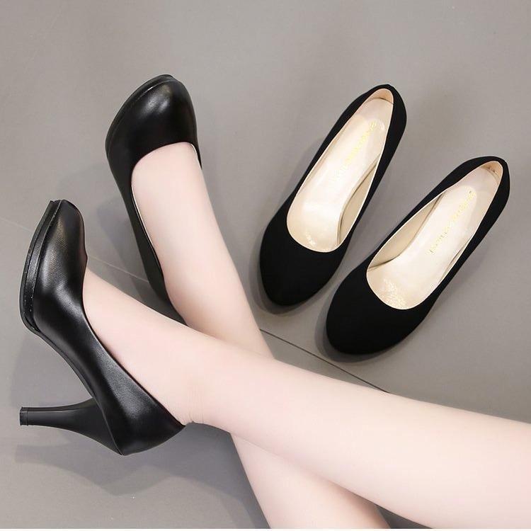 Large size high heels women's professional black leather shoes round head shoes shoes not tired feet interview shoes women's shoes