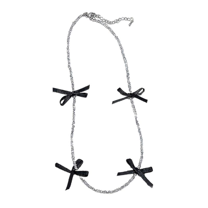 

Adjustable Silk Long Ribbon Bowknot Necklace Fashionable Black/Silver Choker Neckchains Party Dress Accessory Decoration 1 серебряный
