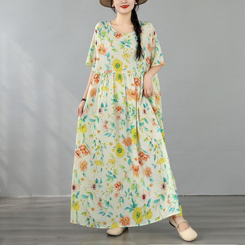 Short Sleeve Plus Size Cotton Vintage Floral New In Dresses for Women Casual Loose Long Summer Dress