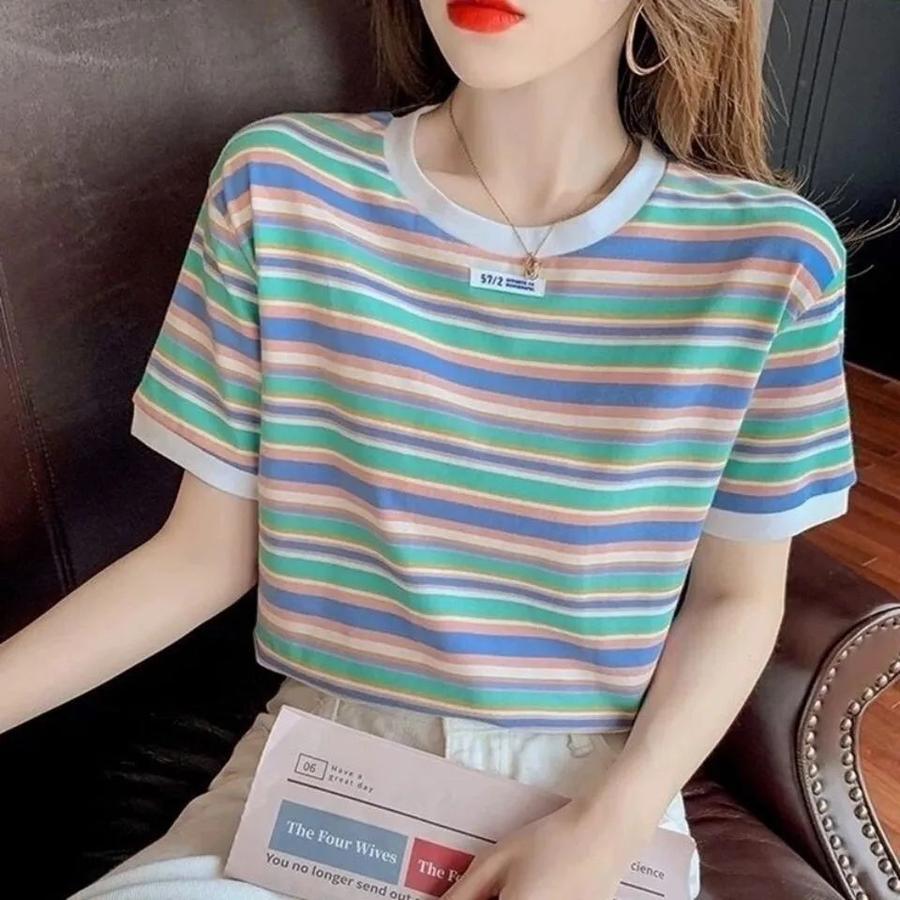 Style Vintage Feeling! Rainbow Color Block Striped T-Shirt Loose Short Sleeve Top for Women Trendy