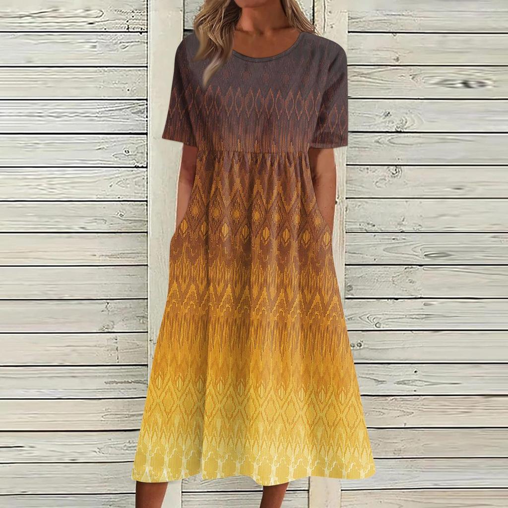 Women's Casual Dresses Printed Dresses Summer Dresses Printed Pleated Round Neck Midi Dresses Basic Classic Outdoor Daily Short Sleeve Loose Dresses