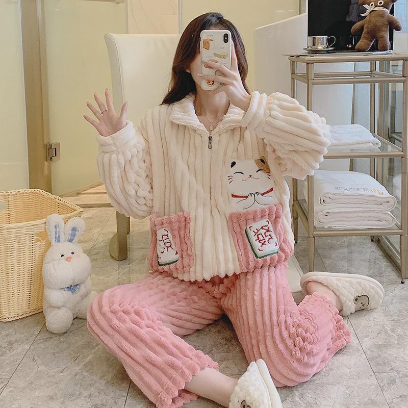 Pyjama d'hiver pour femme grande taille en velours corail et jacquard - Vêtement d'intérieur doux et confortable (Jusqu'à 200 livres)