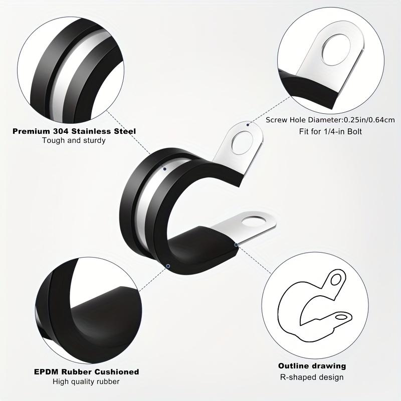 52pcs Durable Metal Cable Clamp Set, 6 Sizes, 30 Degree Elbow, Round Hose Fitting, Stainless Steel with Rubber Pad Tube Clamps for Secure Grip