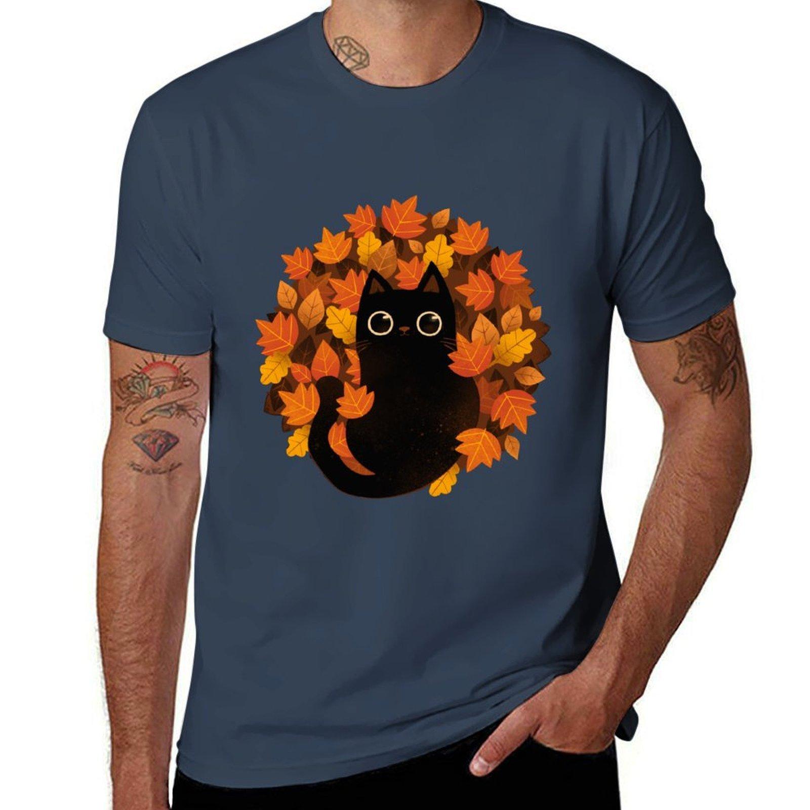 Cat and Autumn Leaves TShirt Stretch Fabric Comfort TShirt S