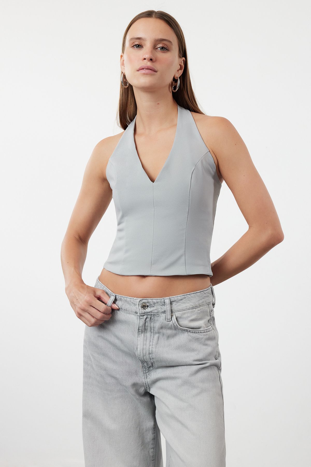 

Women s Style Blouse Gray Halter Neck Woven Blouse XS