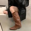 Autumn Winter Women Knee-High Boots Fashion Rivet Western Knight Booties Pointed Toe Square Heels Female Shoes