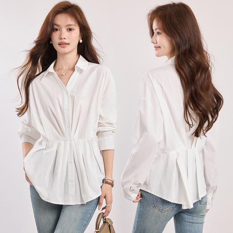 Women's French Style Slimming White Polo Neck Long Sleeve Shirt - 2026 Early Spring Collection
