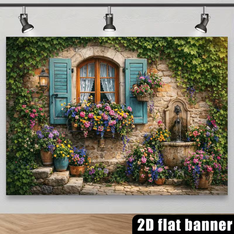 2D European Cottage Backdrop Colorful Floral Stone Wall Party Background Banner