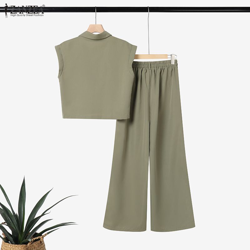 ZANZEA Conjuntos de traje casual de dos piezas con blusa y pantalones de manga corta para mujer