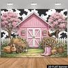 2D Pink Cowgirl Barn Backdrop, Western Farm Scene with Guitar, Boots & Rooster Background