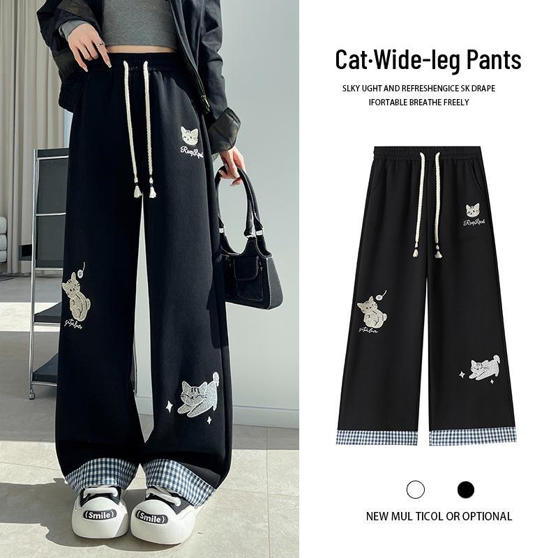 

2026 Spring/Summer Women s Lazy Style Cartoon Print Wide-Leg Sweatpants: Casual, Slimming, Versatile Sportswear Medium чёрный