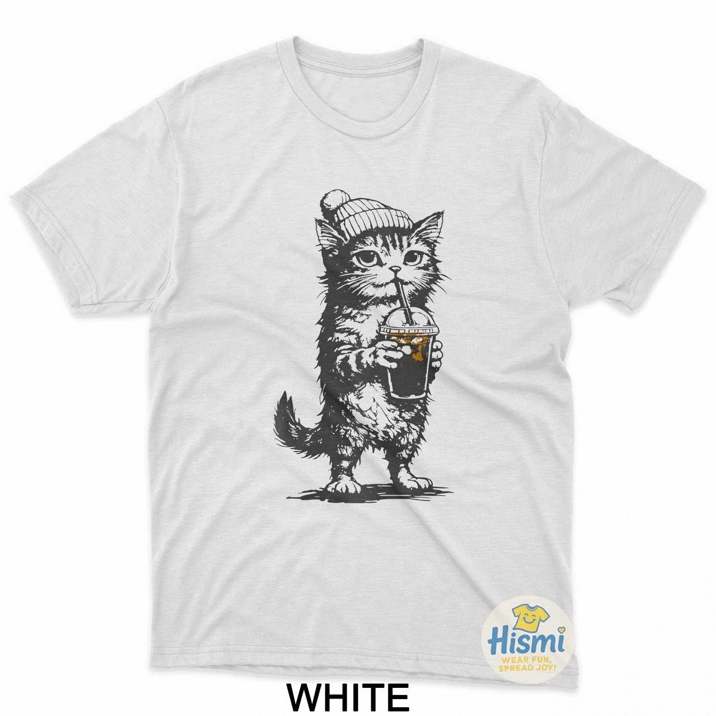 Funny Animal Meme Cat Drinking Iced Coffee Men Women T-Shirt 3XL