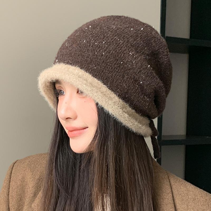 Thickened Knitted Hat for Women In Autumn and Winter Casual Versatile Pile Hat Big Head Circumference Showing Face Small Bag Head Hat