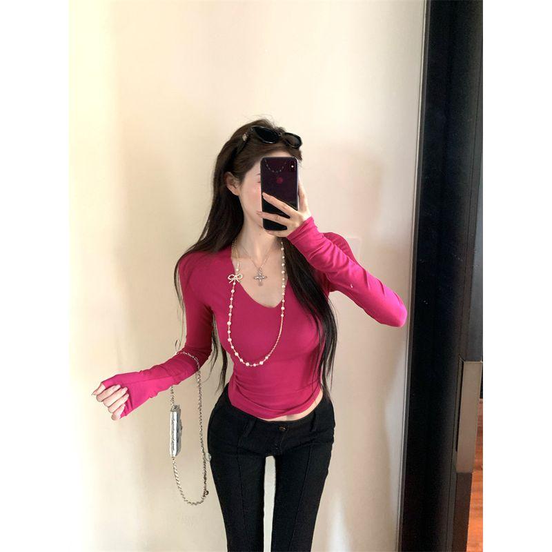 Kumikumi Gyaru Style Solid Sexy Temperament V-neck Long sleeves Shirt Women clothes Autumn Slim fit Slimming Versatile Top