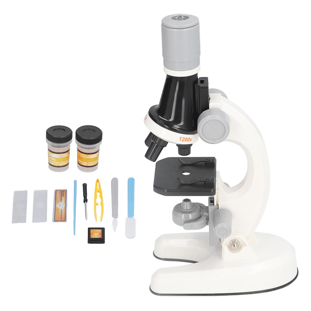 Kids Microscope Kit LED 1200X Microscope with Specimen Slides Science Educational Toy Birthday Gift White