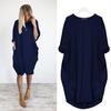 Women Casual Solid Color O Neck Long Sleeve Pockets Knee-length Baggy Dress