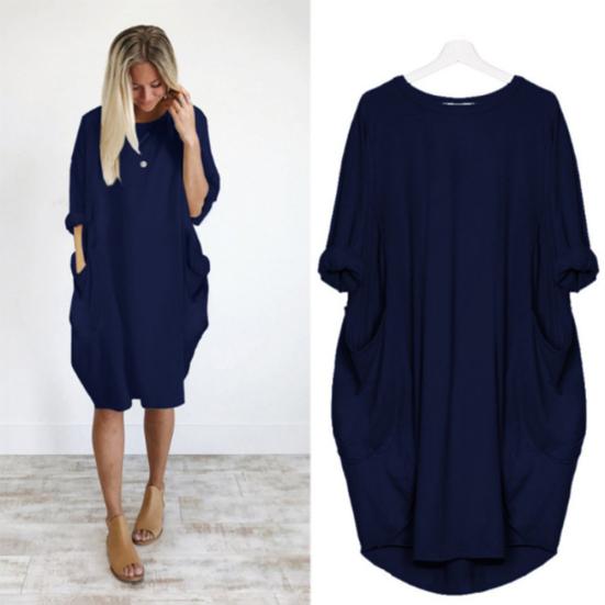 Women Casual Solid Color O Neck Long Sleeve Pockets Knee-length Baggy Dress