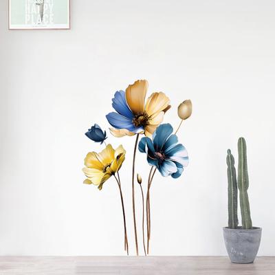 Pegatina de pared con diseño de flor 3D azul dorado para sala de estar, dormitorio, sofá, TV, vinilo autoadhesivo.