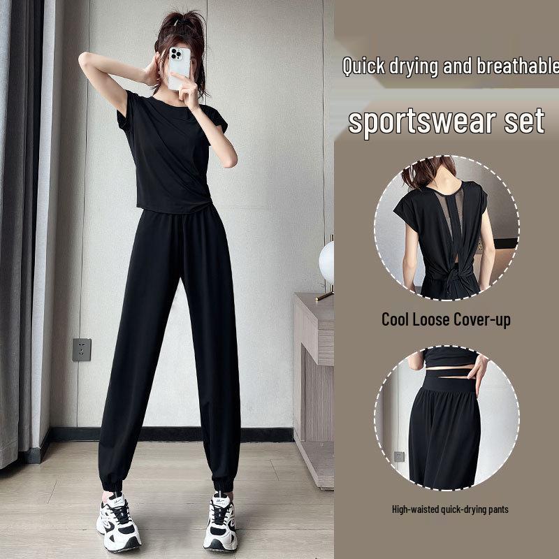 Dámský letní rychleschnoucí běžecký set 2025: Ledově hedvábné jógové kalhoty a volné tričko