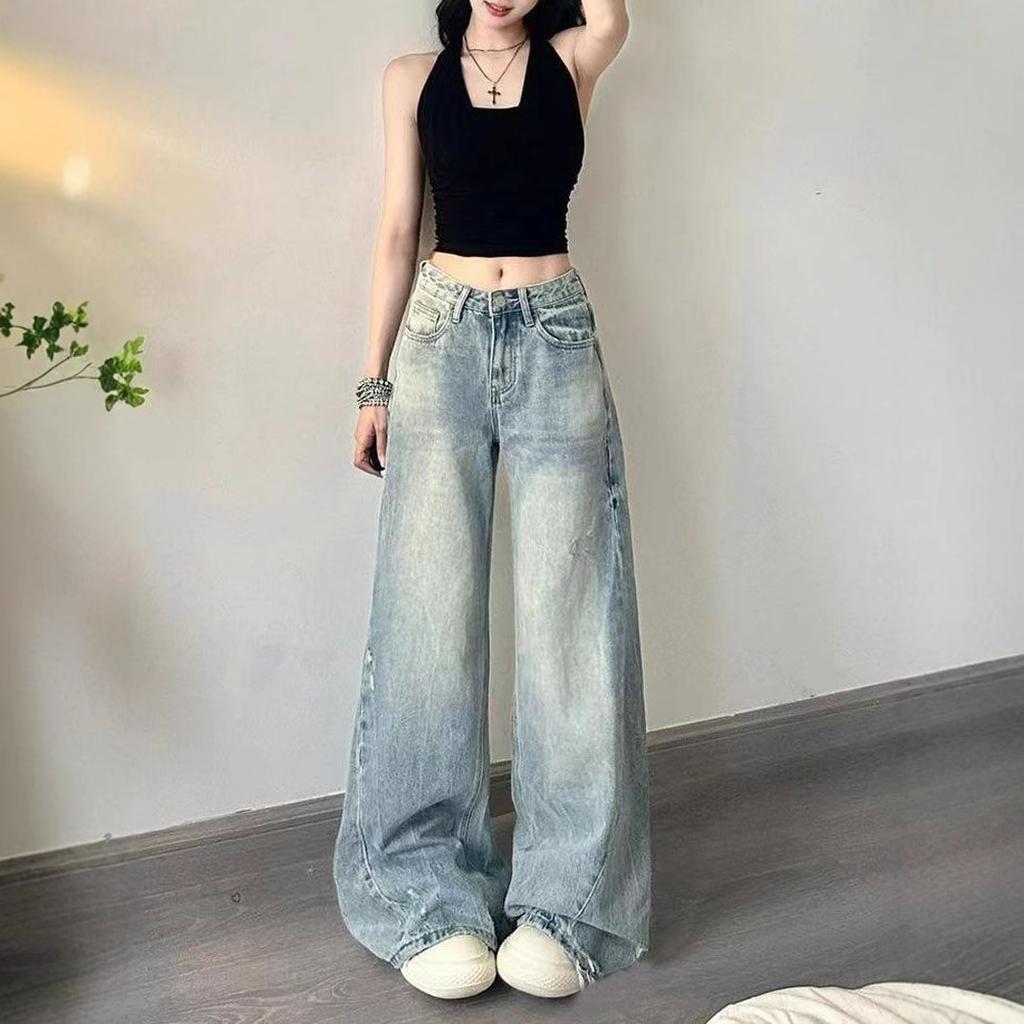Wearable Micro-large Denim Wide-legged Trousers Women's Large Size Design Sense Blue High-waisted Loose Straight Trailing Long Trousers Denim Pants