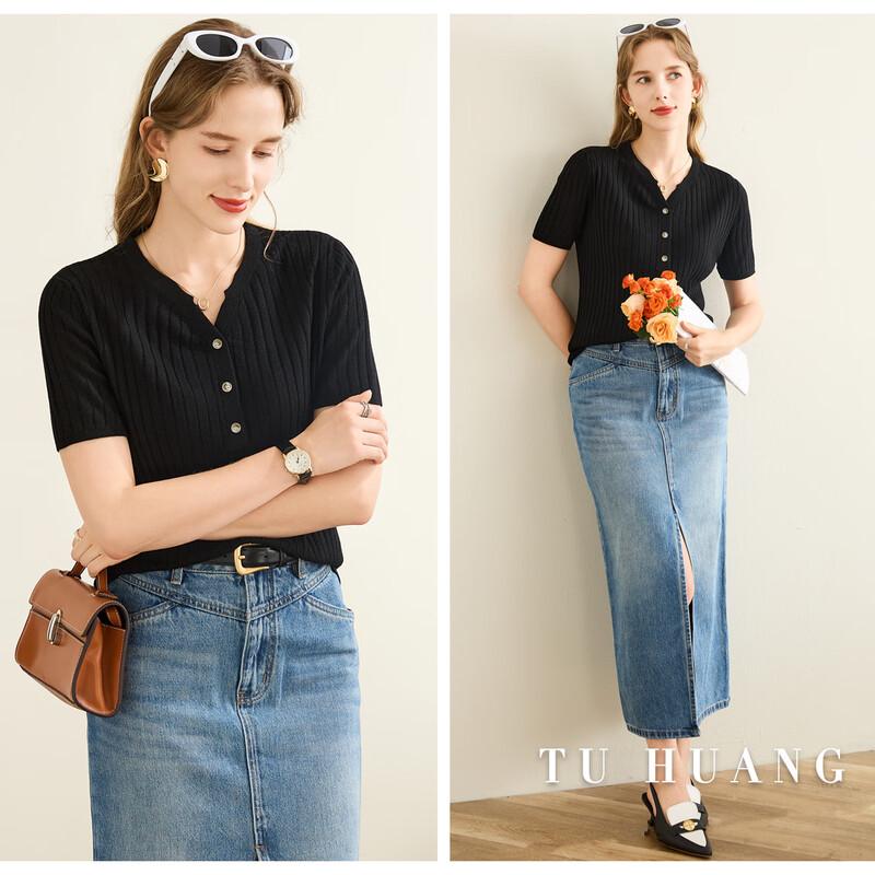 TUHUANG Women's Merino Wool Ribbed Knit V-Neck Short Sleeve T-Shirt