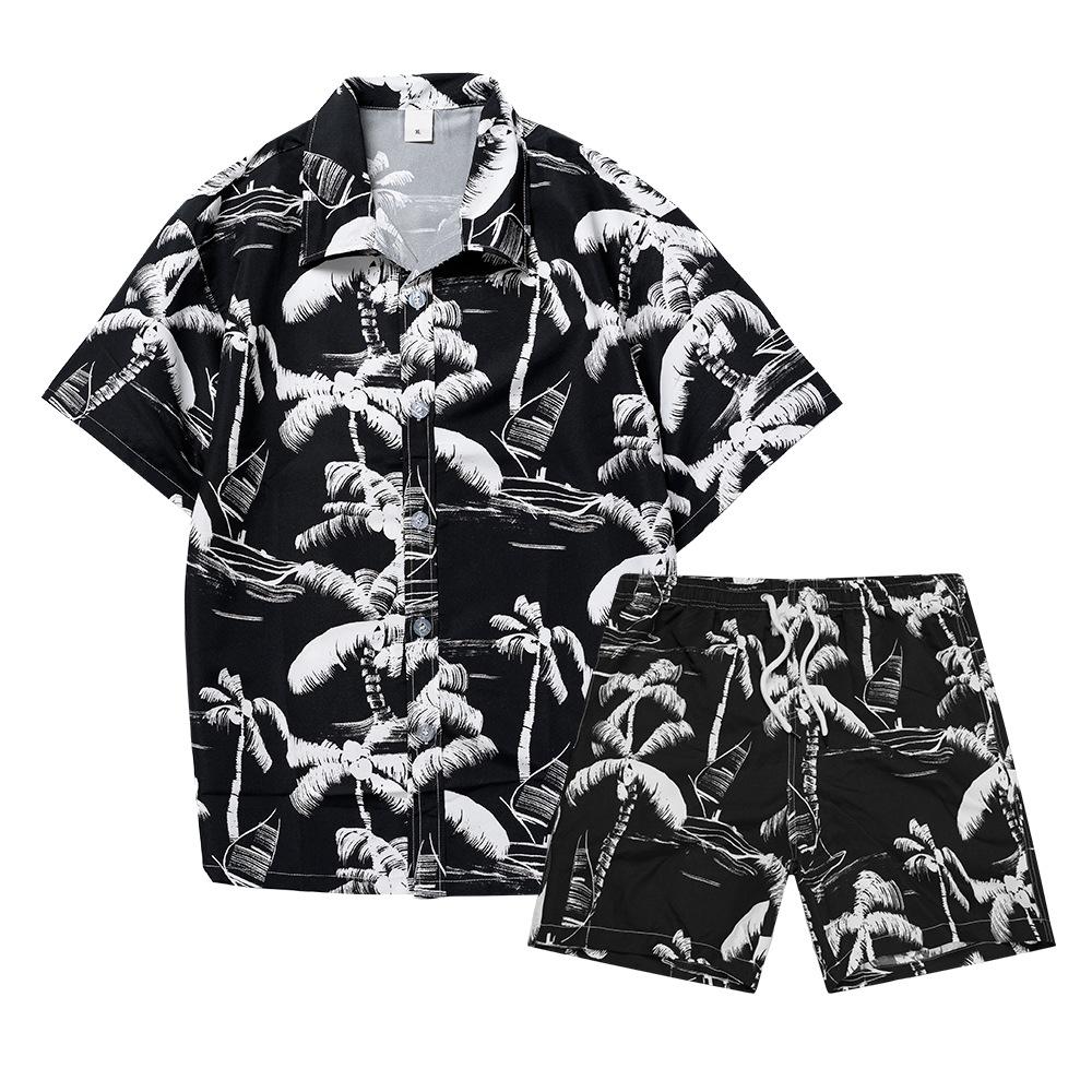 Hawaiian Coconut Tree 3D Printed Men's Short Sleeved Shirt Set, Large Informal Beach Shorts, Streetwear Fashion Set
