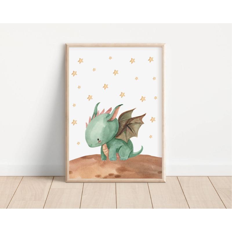 

Watercolor Cute Cartoon Little Dragon Art Print Painting Cub Dragon with Stars Canvas Poster Baby s Room Living Room Decor 21cm×30cm NoFrame